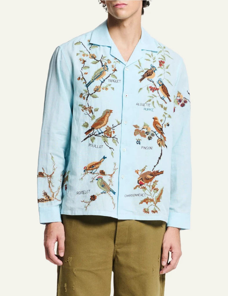 bazizst avian embroidery shirt light blue long sleeve front model view