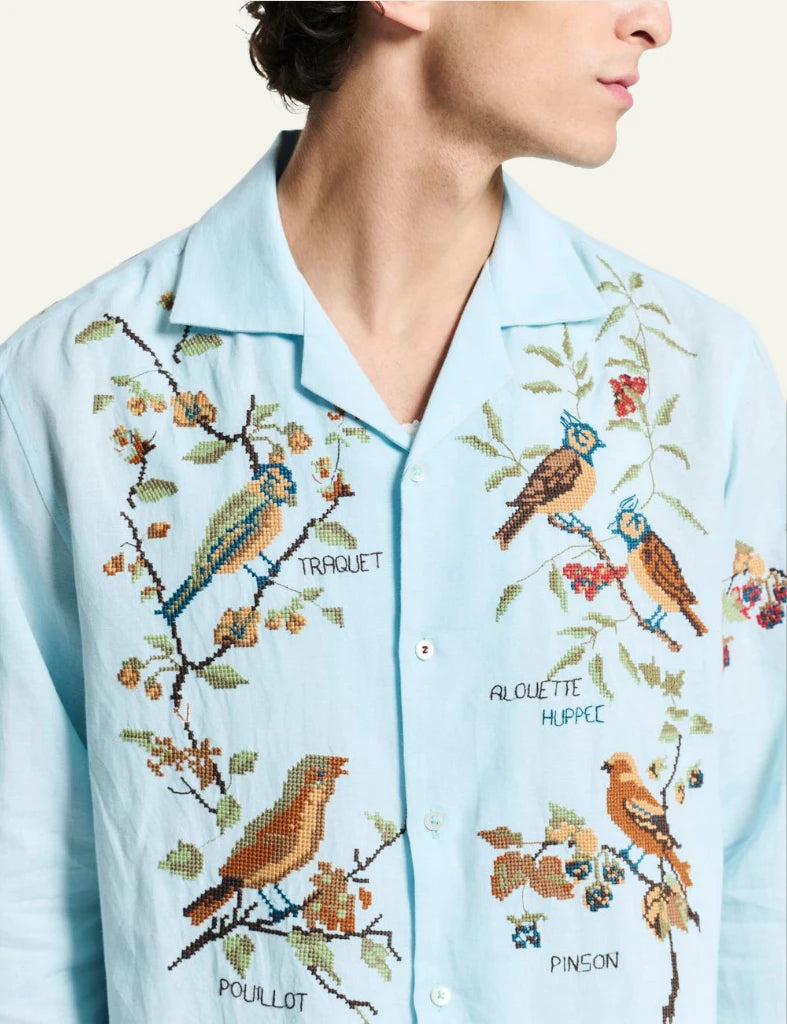 bazizst avian embroidery shirt light blue long sleeve front detail view