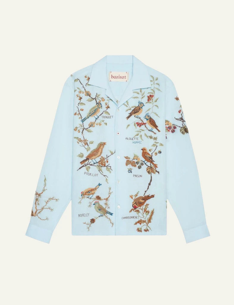 bazizst avian embroidery shirt light blue long sleeve front view