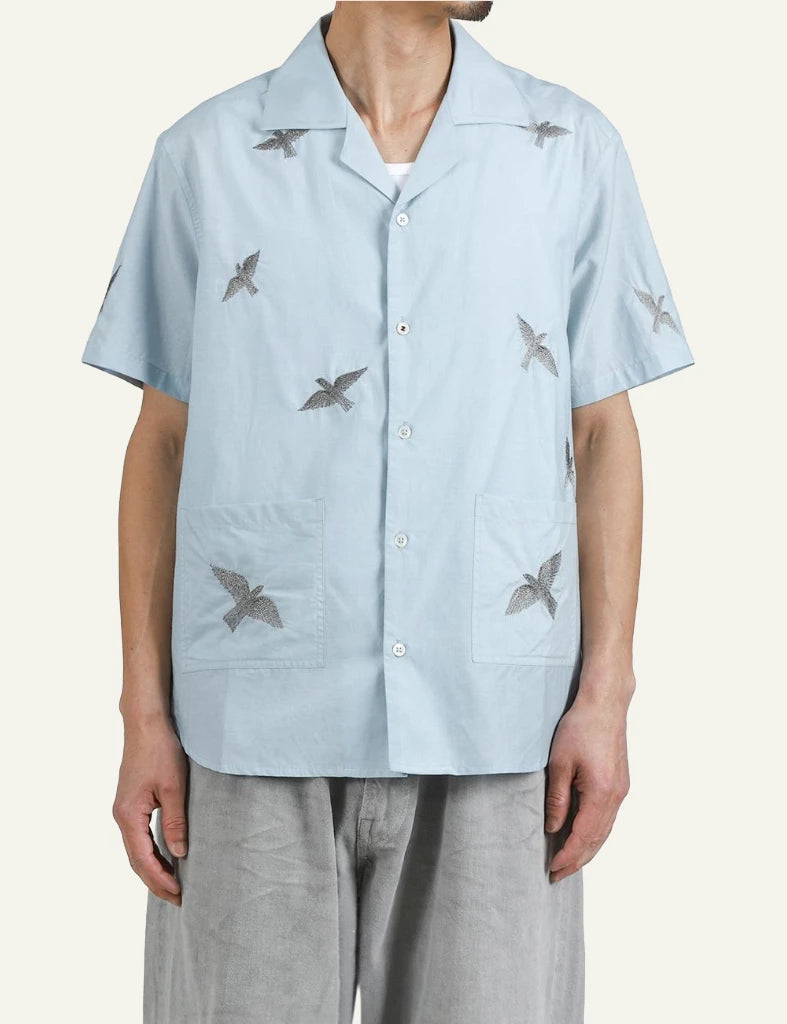 bazizst bird embroidery shirt light blue short sleeve front model view