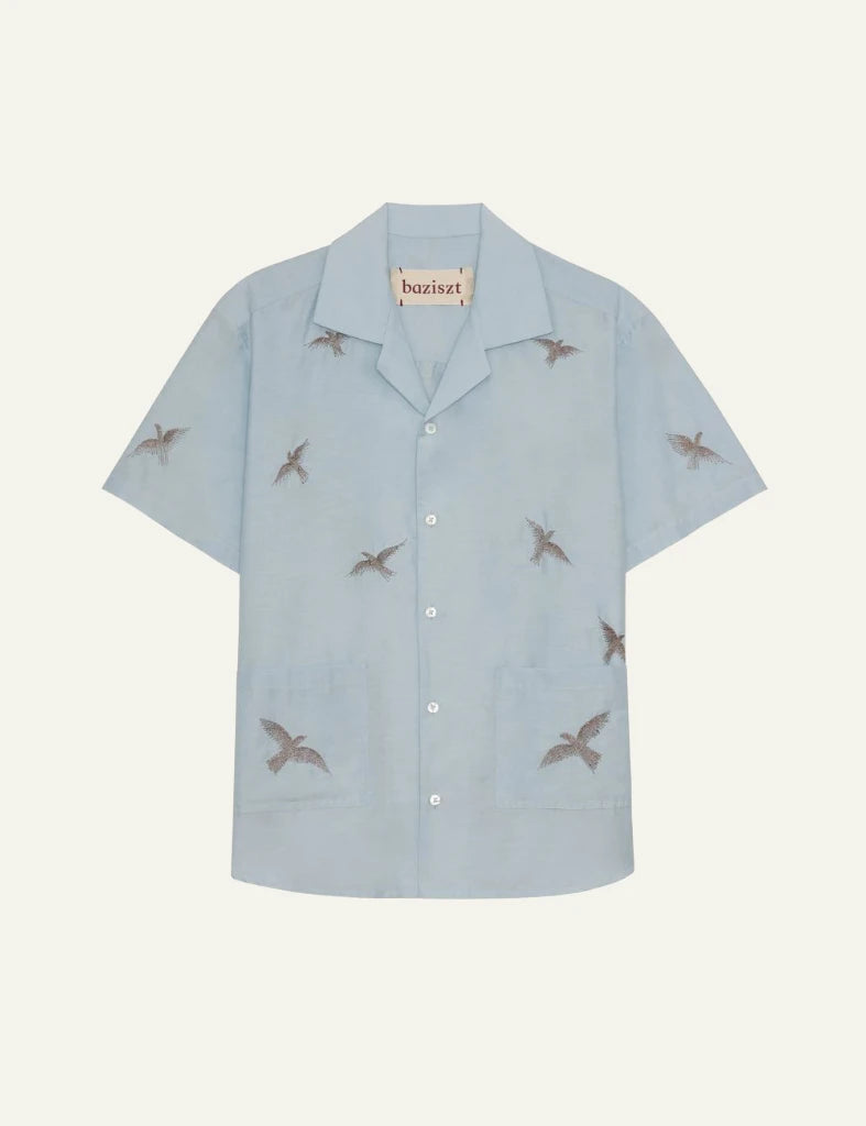 bazizst bird embroidery shirt light blue short sleeve front view