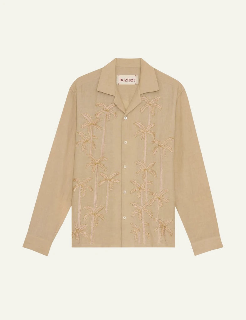 bazizst palm embroidery shirt beige long sleeve front view