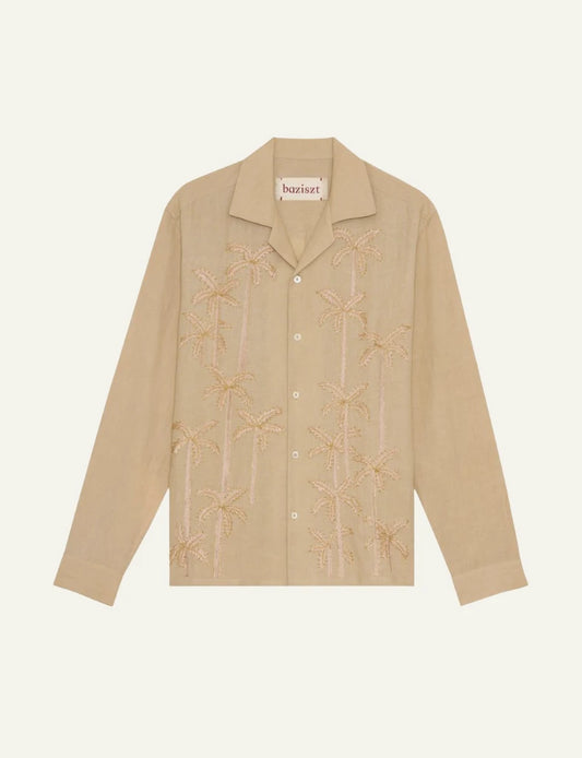 bazizst palm embroidery shirt beige long sleeve front view