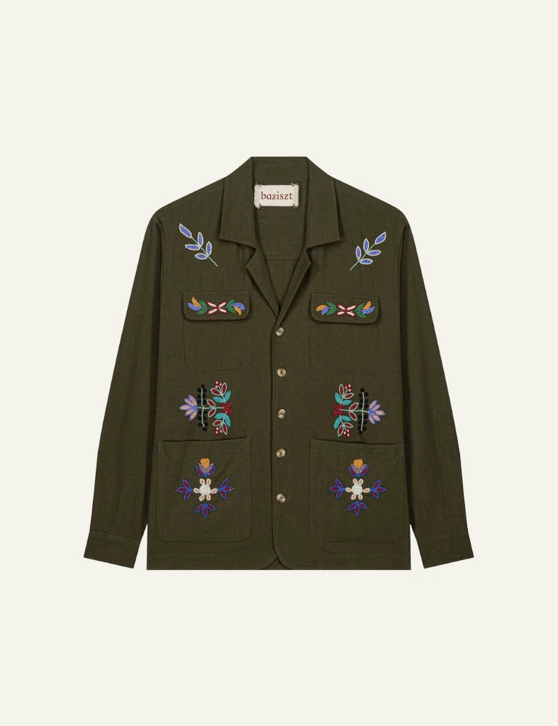 bazizst embroidered shirt jacket khaki floral details front view