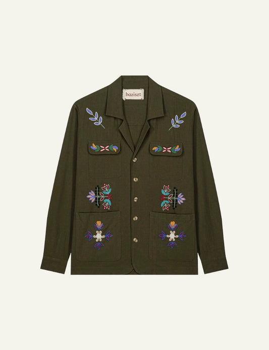 bazizst embroidered shirt jacket khaki floral details front view