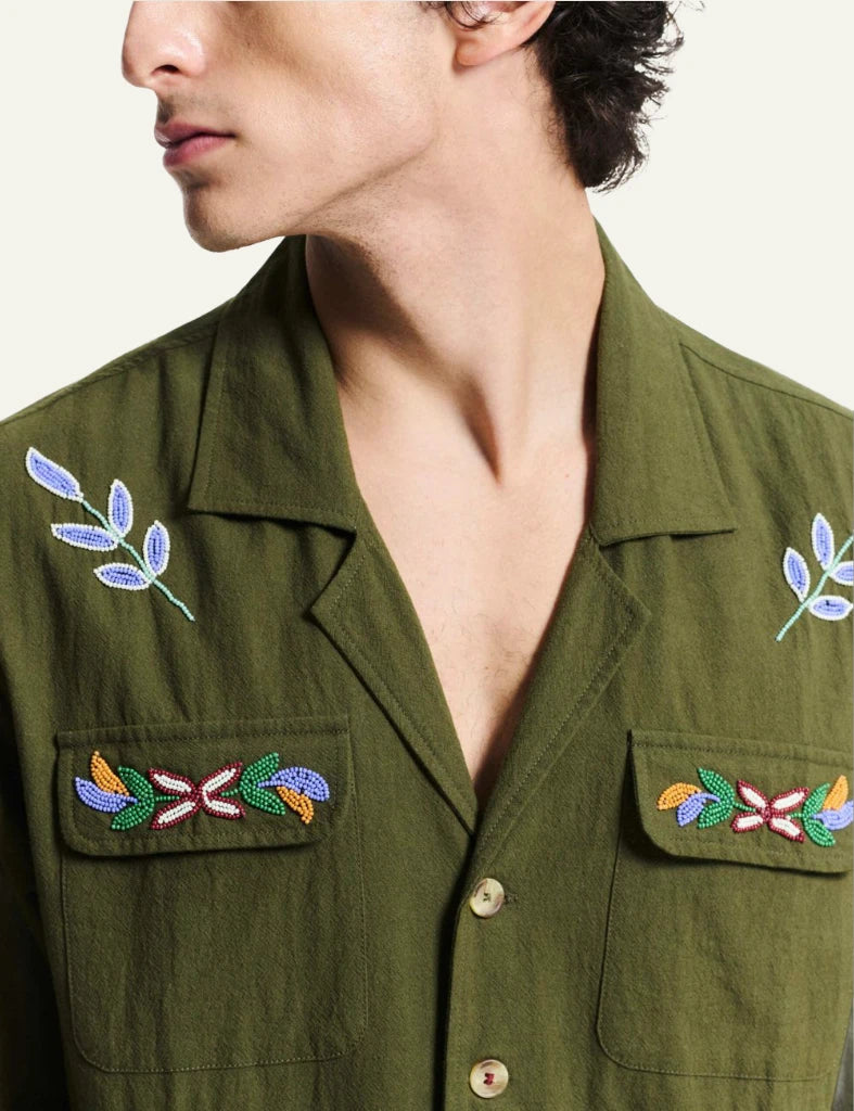bazizst embroidered shirt jacket khaki floral details front detail view