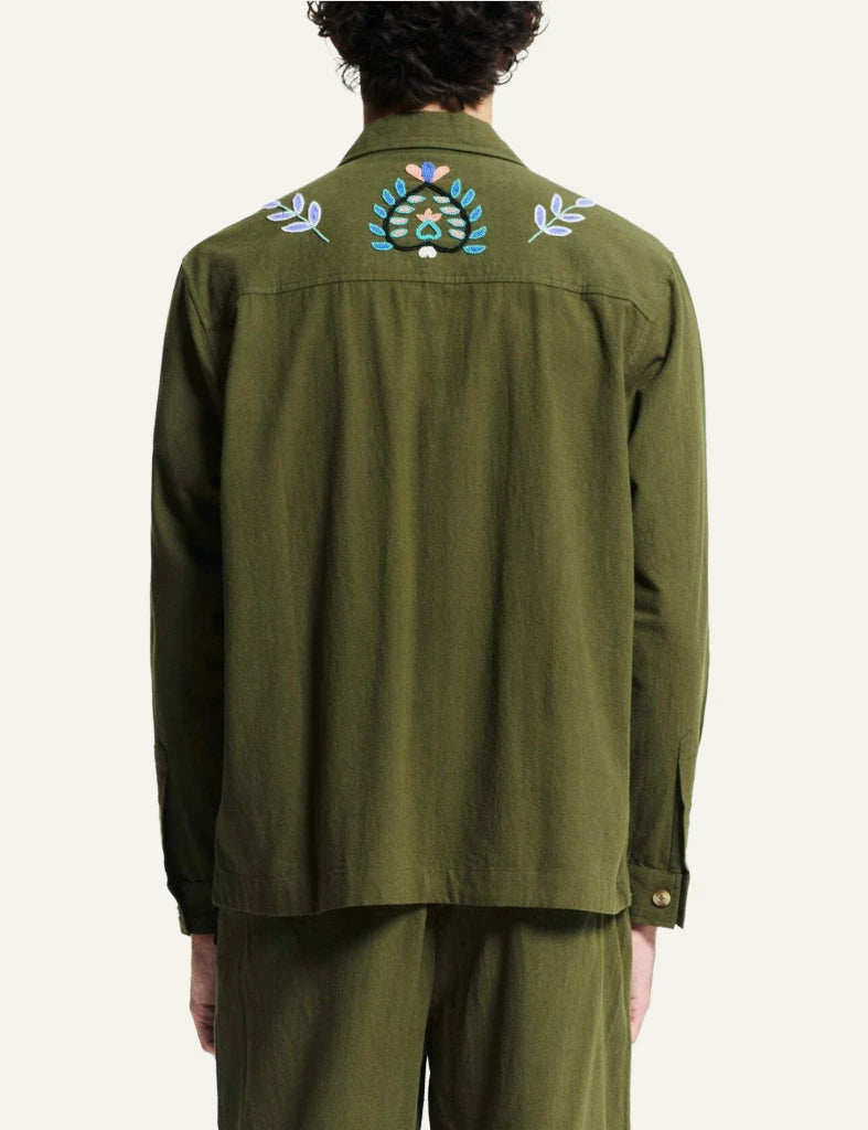 bazizst embroidered shirt jacket khaki floral details back view