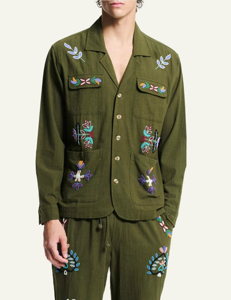 bazizst embroidered shirt jacket khaki floral details front full body view