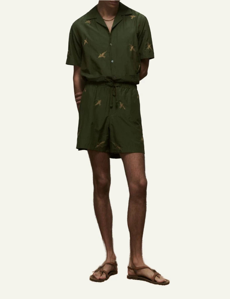 bazizst bird embroidery shirt khaki short sleeve front full body view