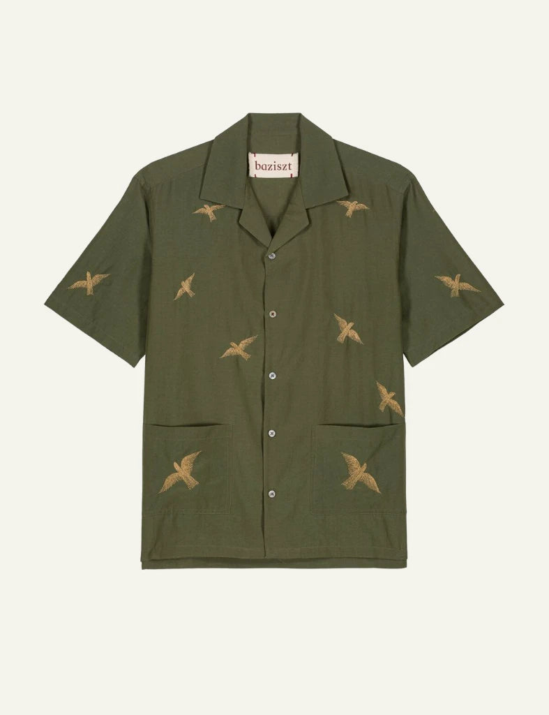 bazizst bird embroidery shirt khaki short sleeve front view
