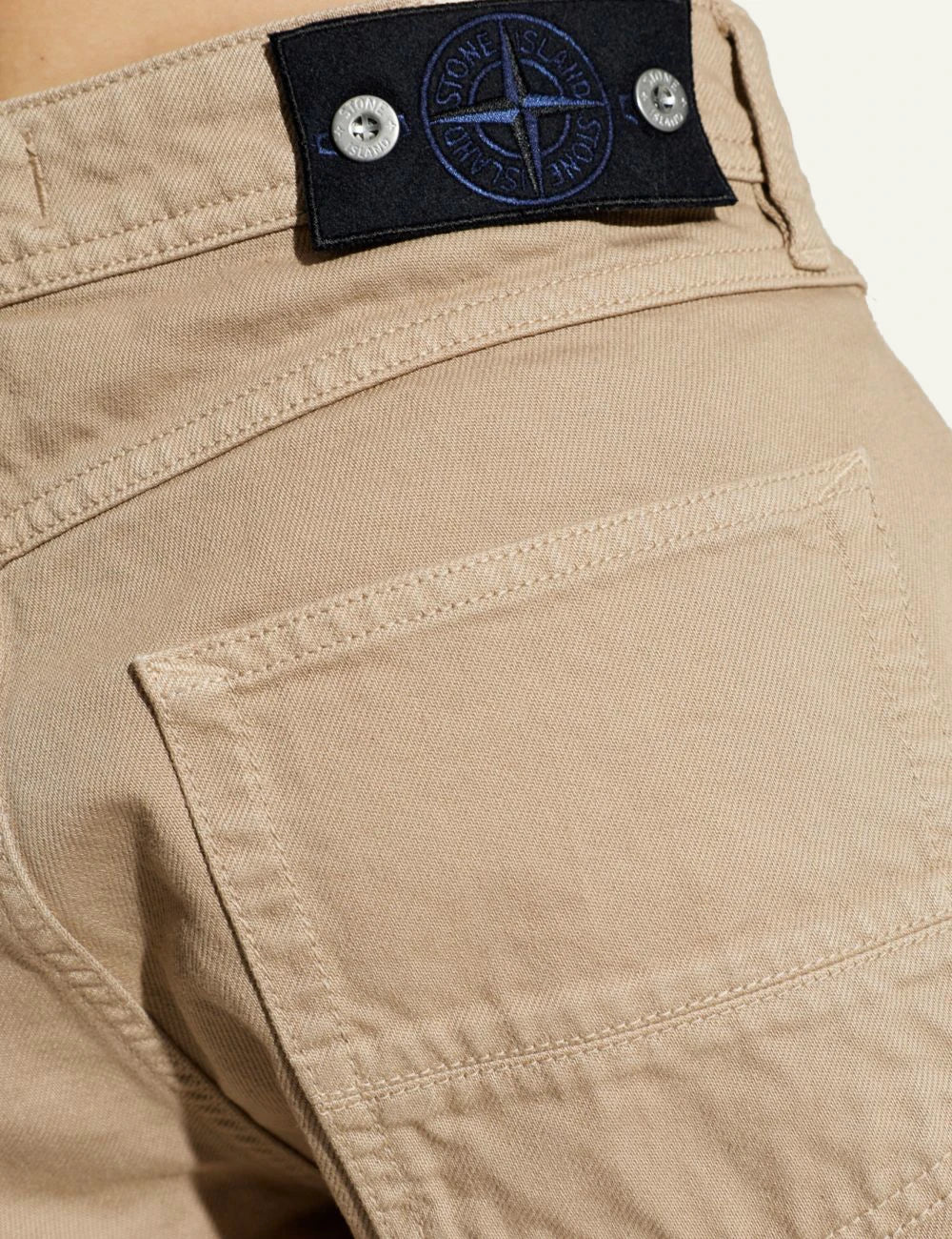Beige straight leg cotton pants five pocket design back logo view