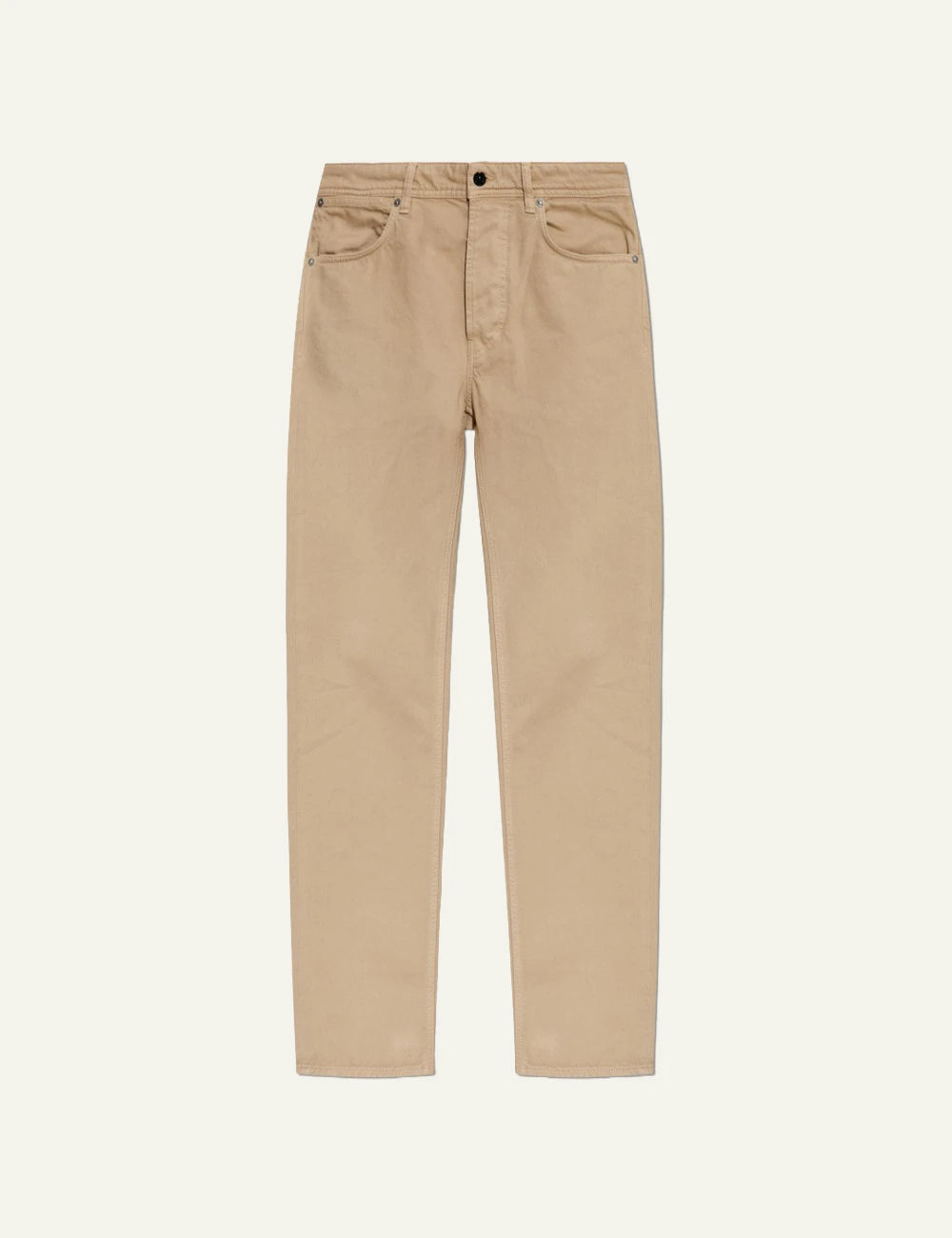Beige straight leg cotton pants five pocket design front flat view