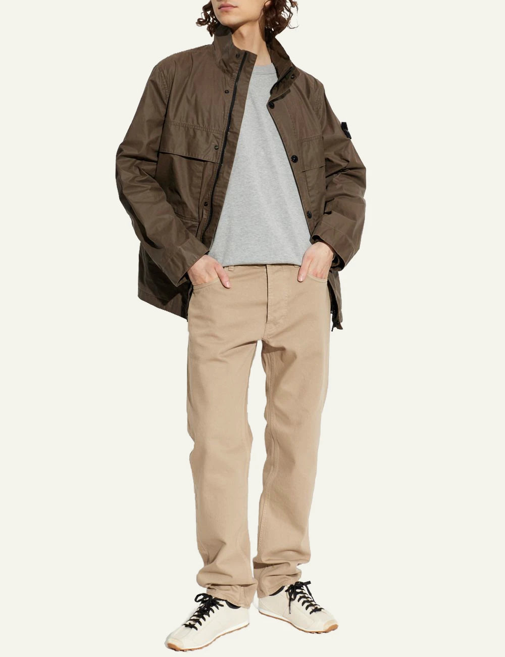 Beige straight leg cotton pants five pocket design front full body view