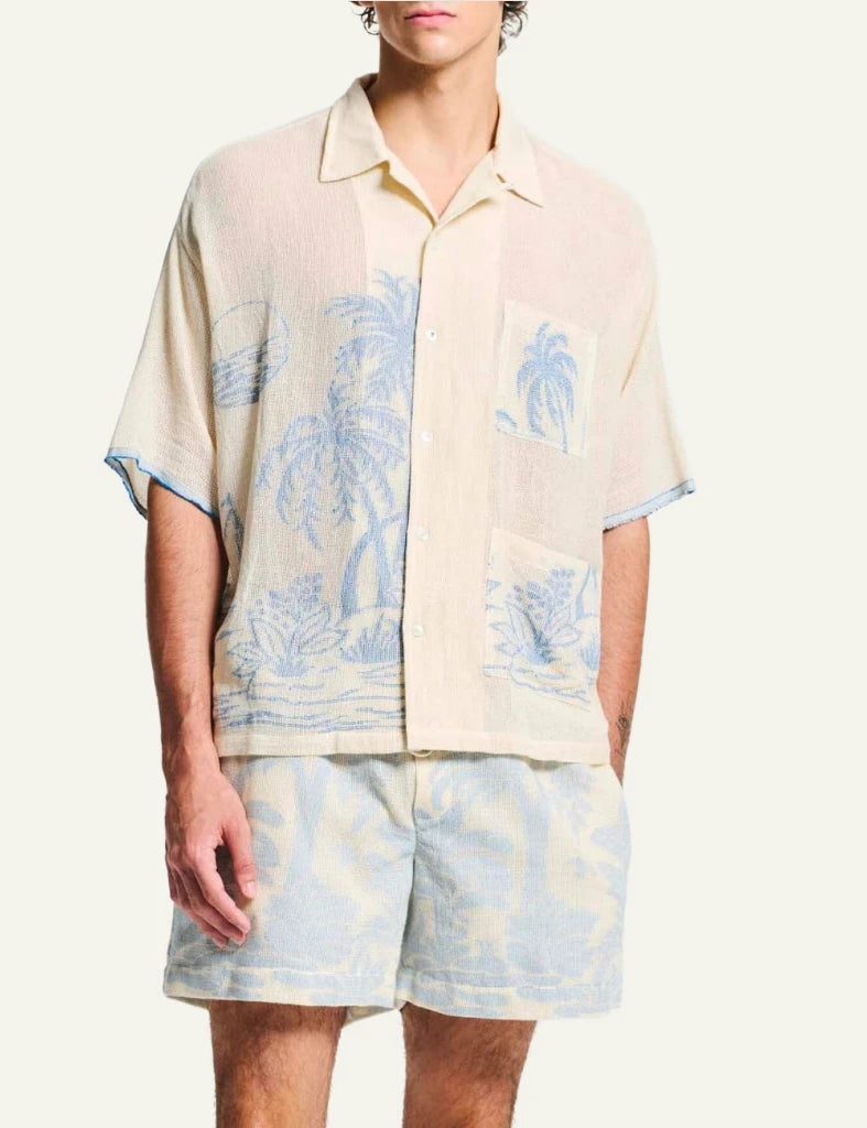 beige tropical print short sleeve shirt men front view