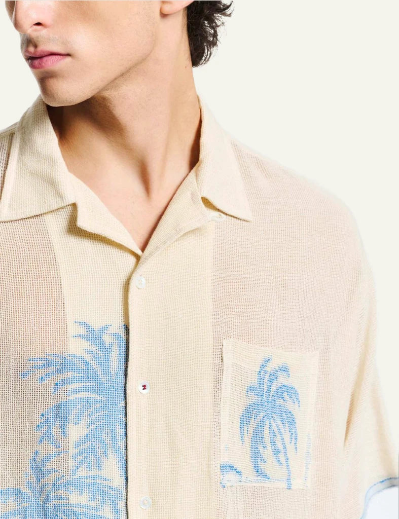 beige tropical print short sleeve shirt men front detail view