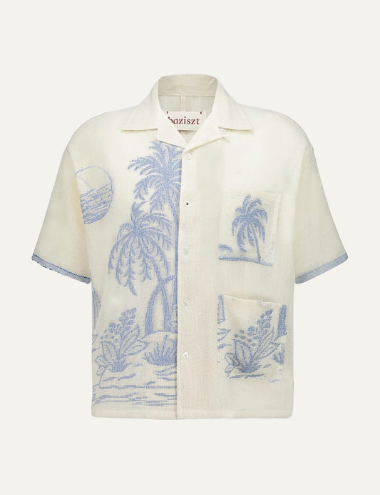 beige tropical print short sleeve shirt men front product view