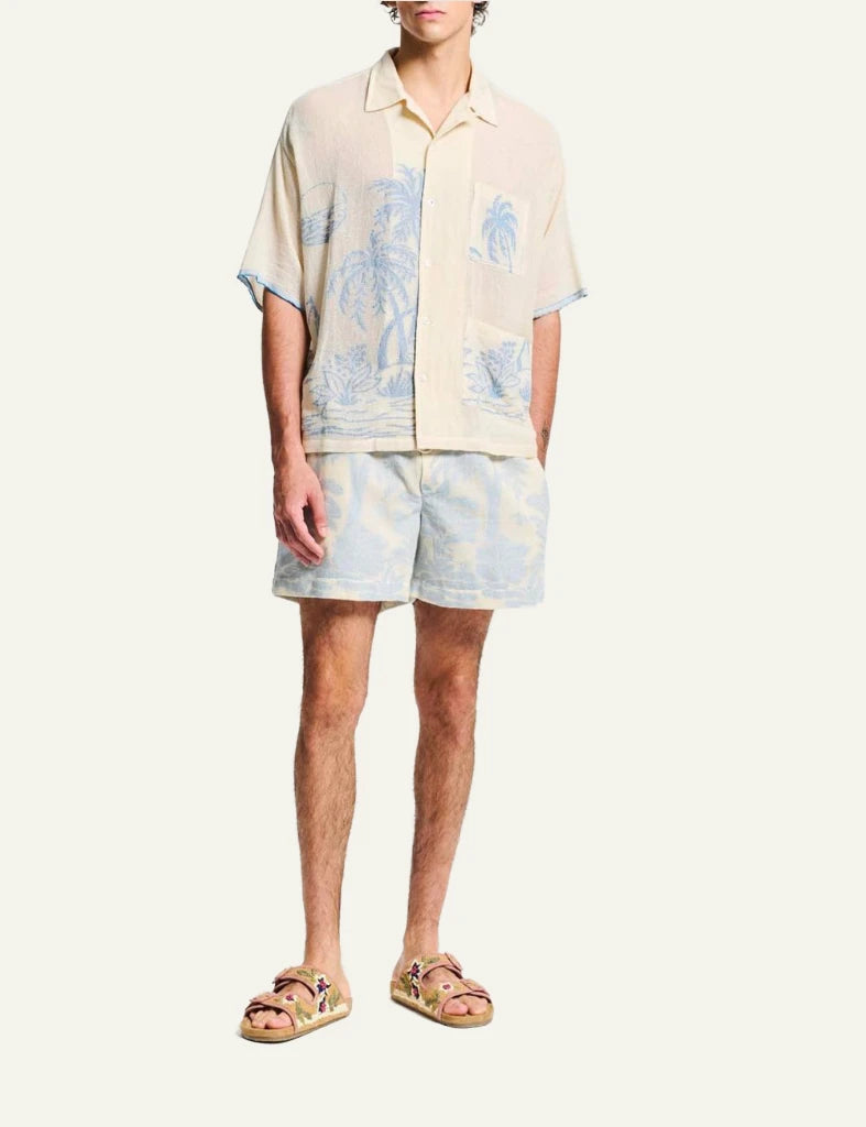 beige tropical print short sleeve shirt men front full body view