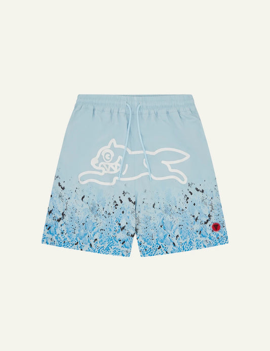 Icecream gradient snakeskin swim shorts blue running dog front view