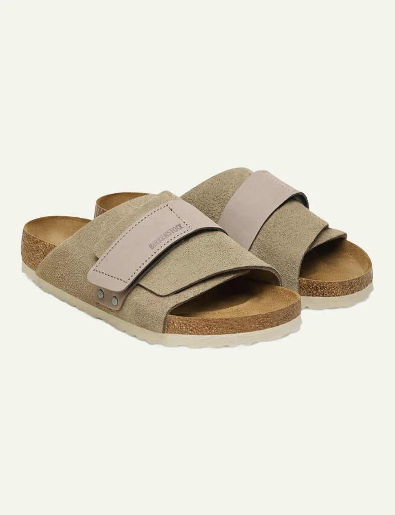 Birkenstock Kyoto taupe suede slide velcro strap angled view