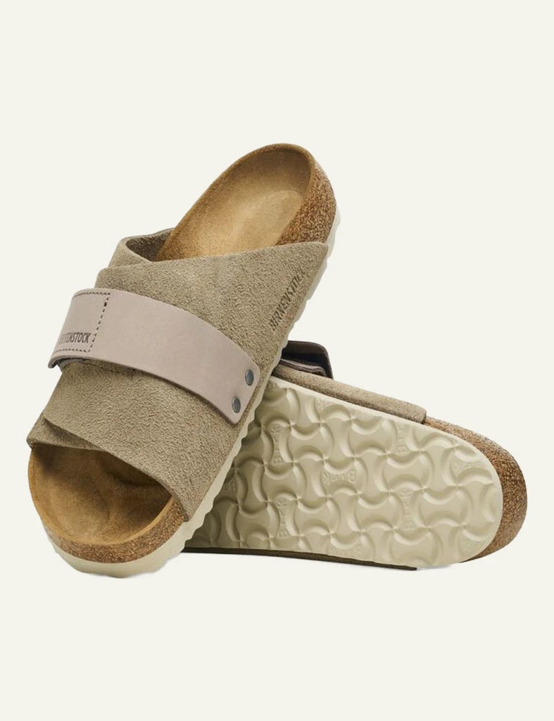 Birkenstock Kyoto taupe suede slide velcro strap side sole view