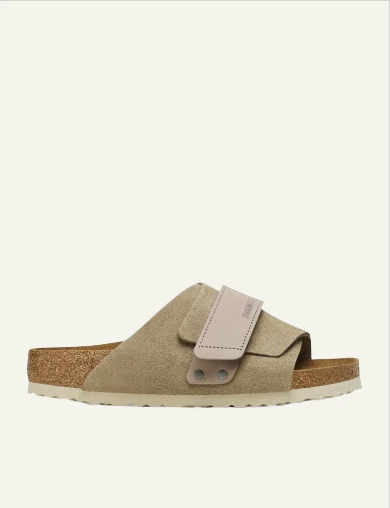 Birkenstock Kyoto taupe suede slide velcro strap side view