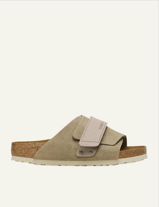 Birkenstock Kyoto taupe suede slide velcro strap side view