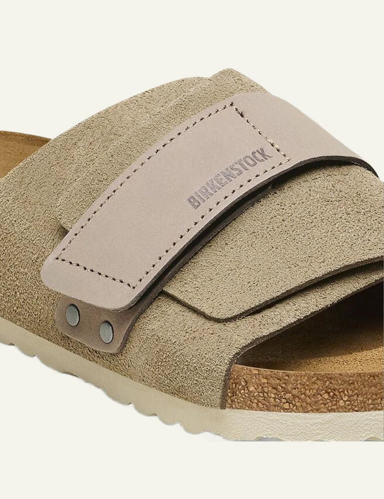 Birkenstock Kyoto taupe suede slide velcro strap side detail view