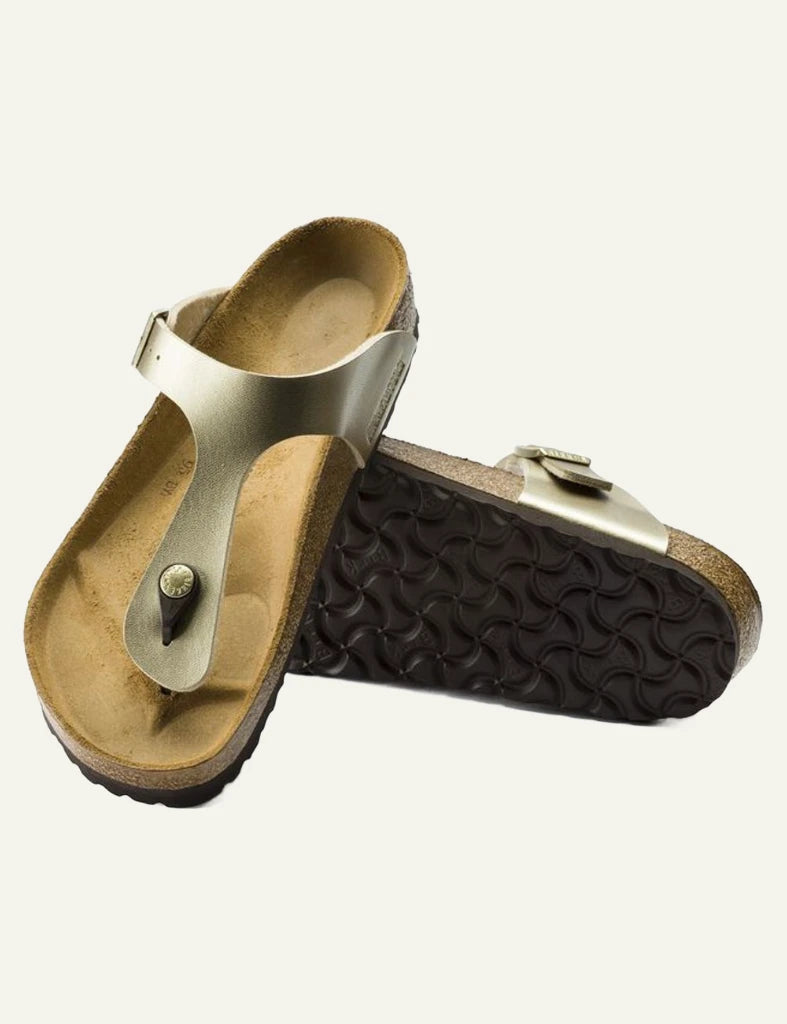 Birkenstock Gizeh BF gold metallic thong sandal side sole view