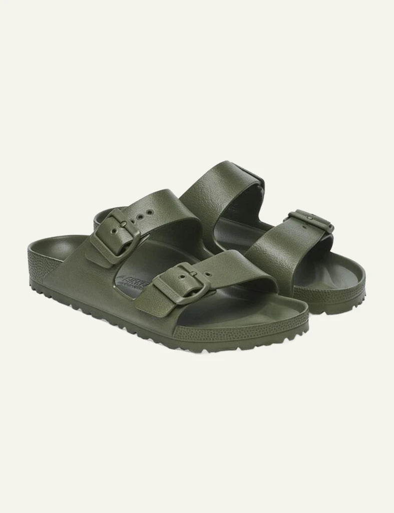 Birkenstock Arizona EVA khaki slide sandal angled view