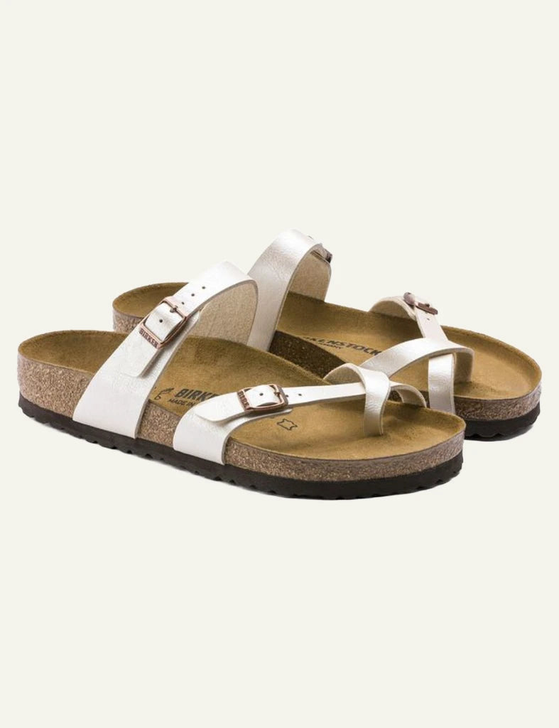 Birkenstock Mayari BF graceful pearl white toe loop sandal angled view