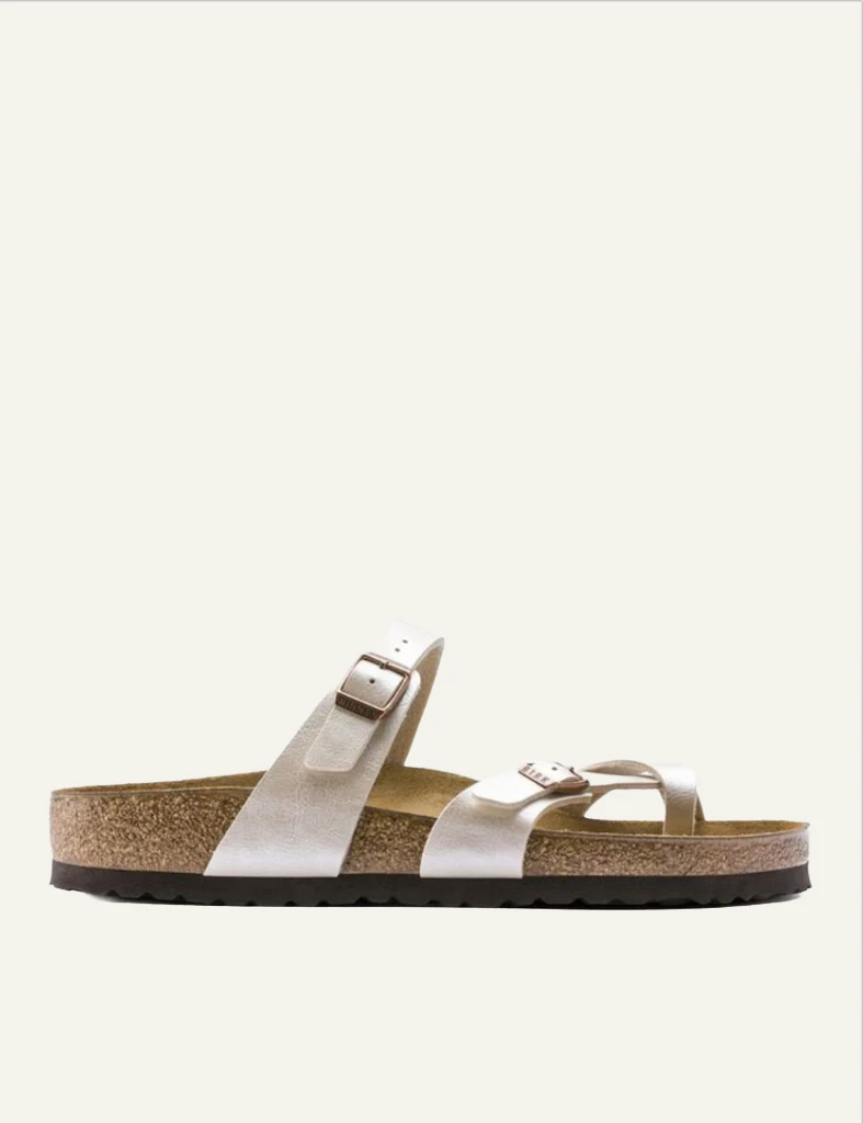 Birkenstock Mayari BF graceful pearl white toe loop sandal side view