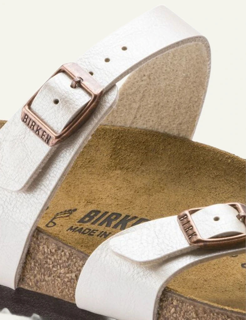 Birkenstock Mayari BF graceful pearl white toe loop sandal side detail view