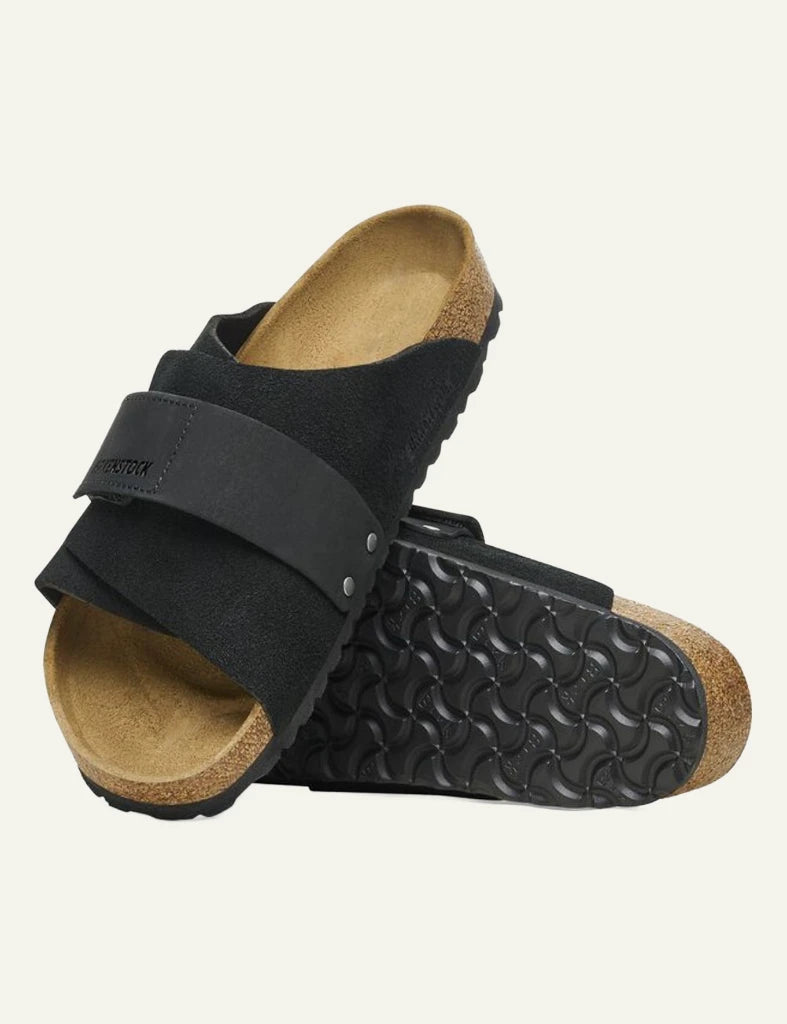 Birkenstock Kyoto black suede slide sandal side sole view
