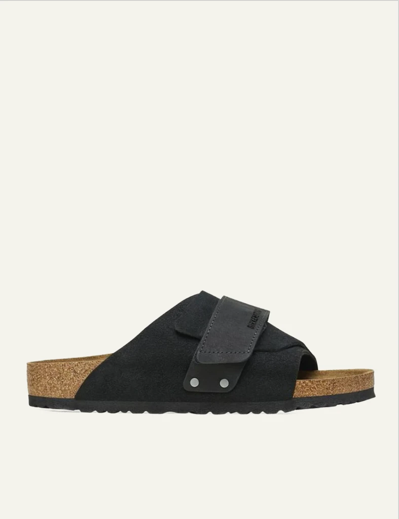 Birkenstock Kyoto black suede slide sandal side view