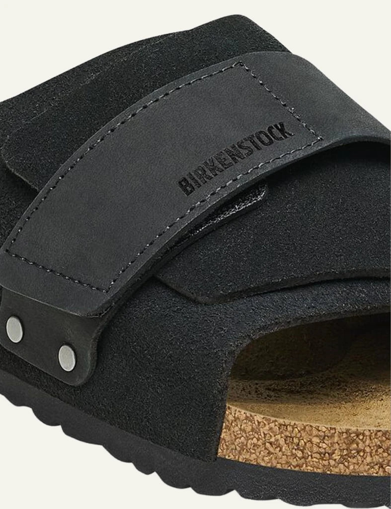 Birkenstock Kyoto black suede slide sandal detail view