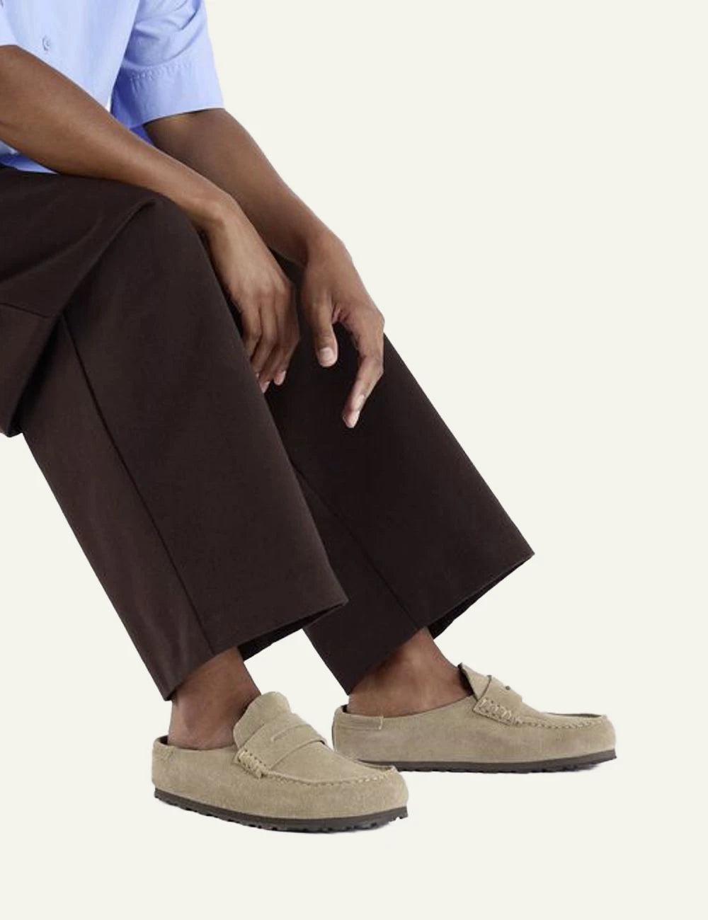 Birkenstock Naples Wrapped taupe suede mule side sole view