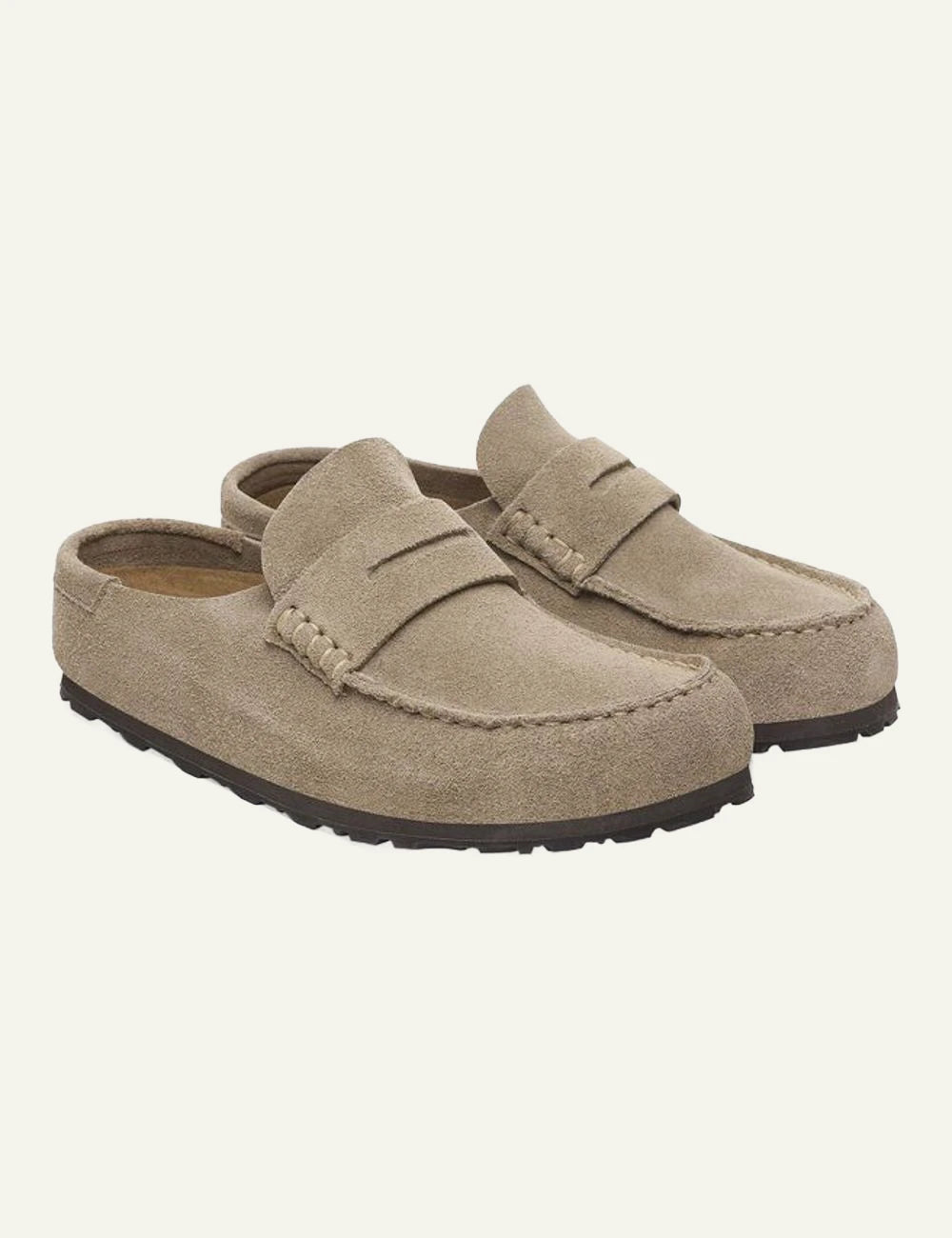 Birkenstock Naples Wrapped taupe suede mule profile view