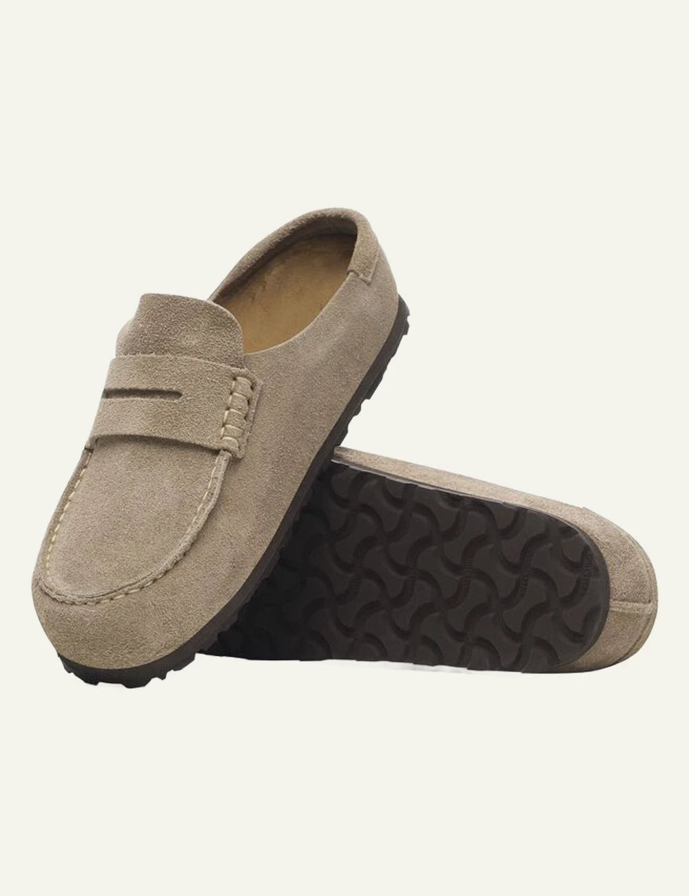 Birkenstock Naples Wrapped taupe suede mule side sole view