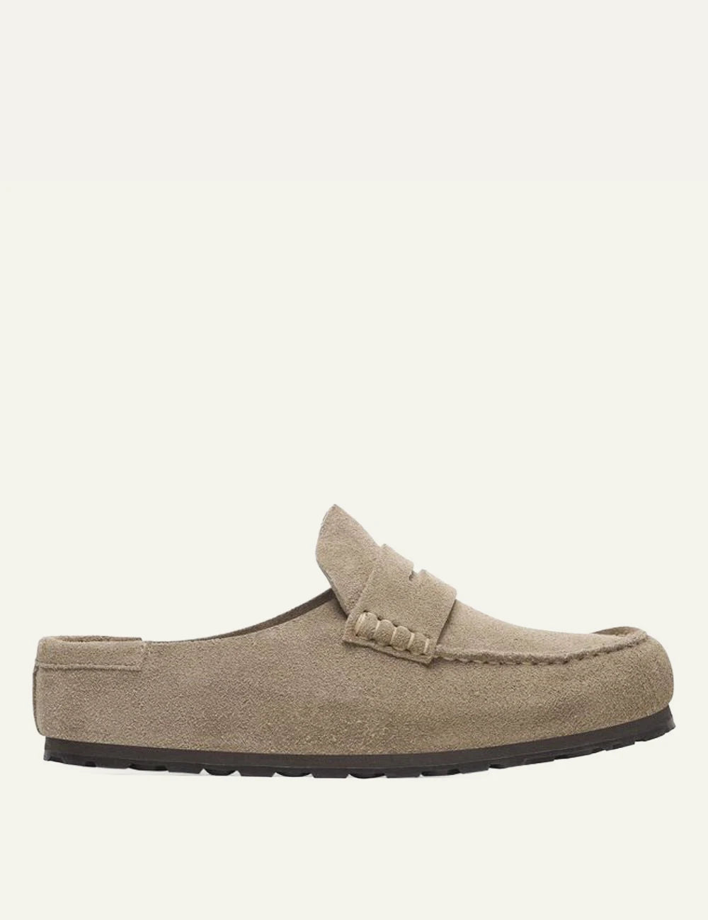 Birkenstock Naples Wrapped taupe suede mule side view