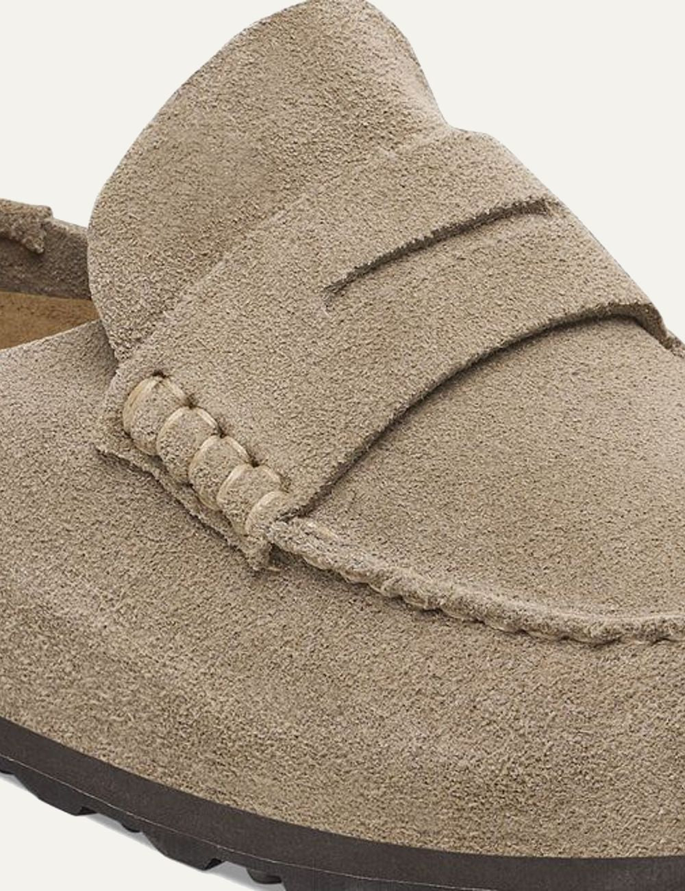 Birkenstock Naples Wrapped taupe suede mule side detail view