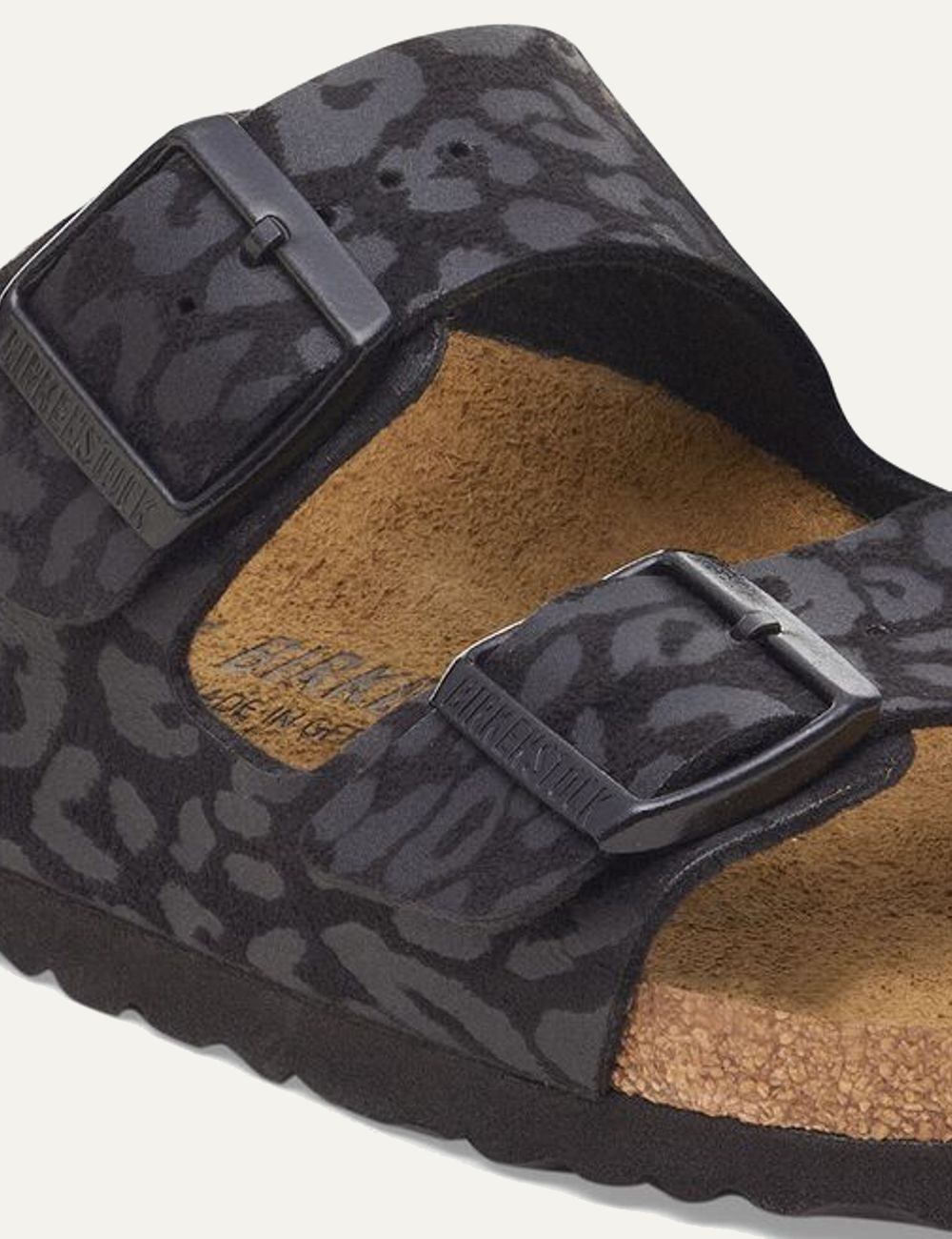 Birkenstock Arizona leo black sandal side detail view
