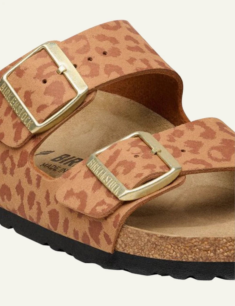Birkenstock Arizona leo pecan slide sandal side detail view