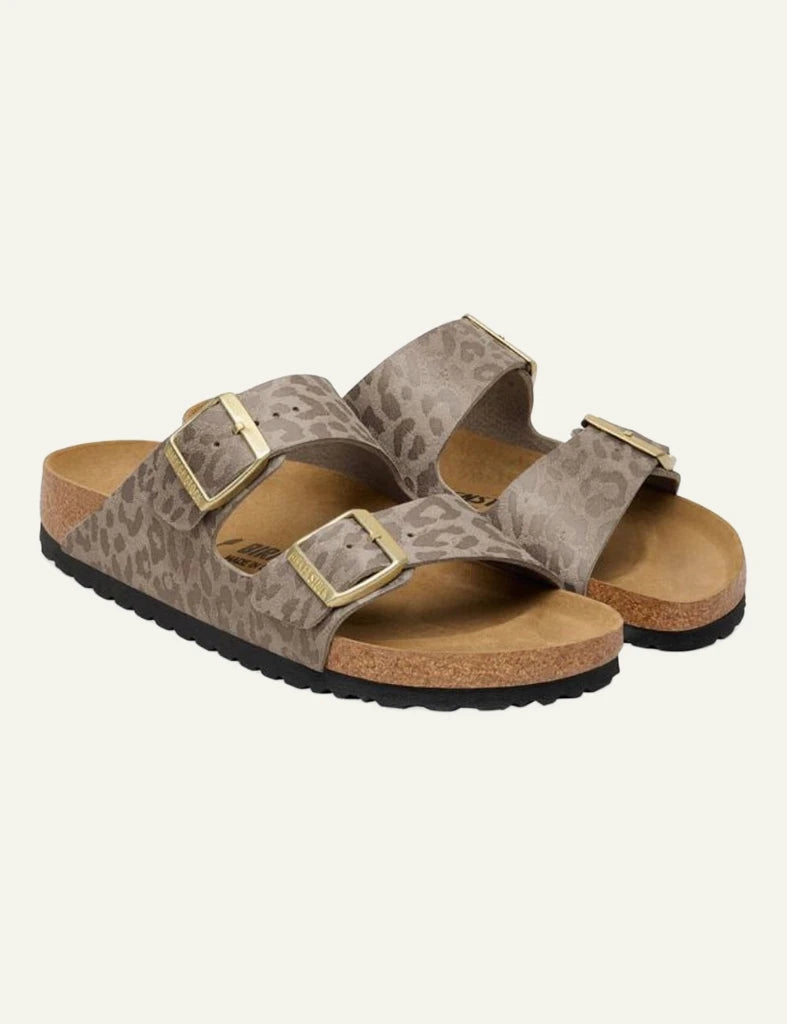 Birkenstock Arizona leo taupe slide sandal front view