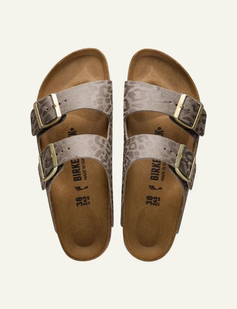 Birkenstock Arizona leo taupe slide sandal top view