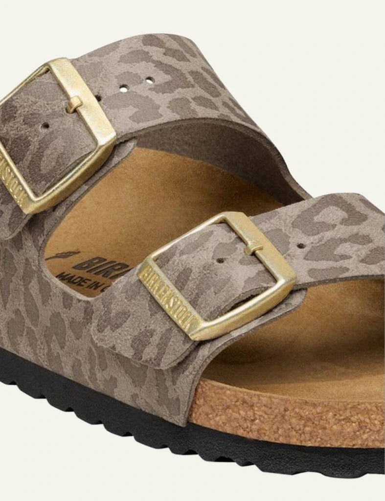 Birkenstock Arizona leo taupe slide sandal front detail view