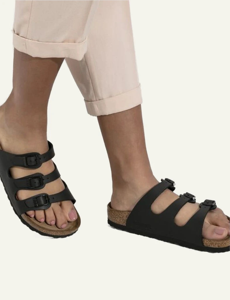 Birkenstock Florida SFB black triple strap sandal side model view