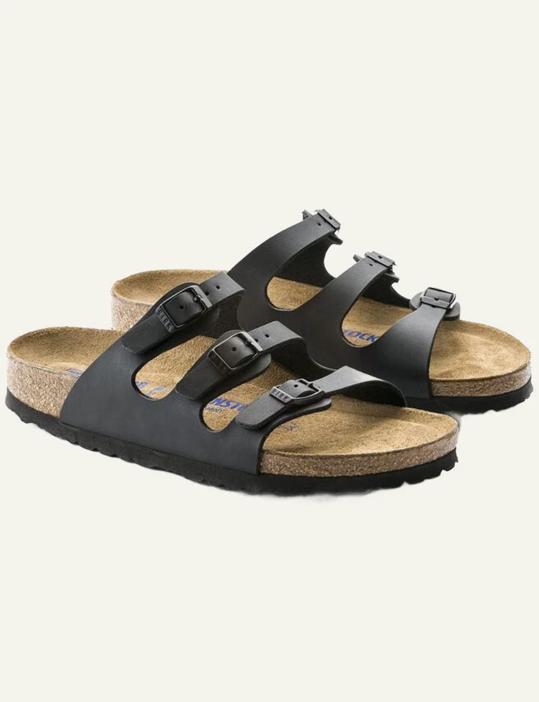 Birkenstock Florida SFB black triple strap sandal angled view