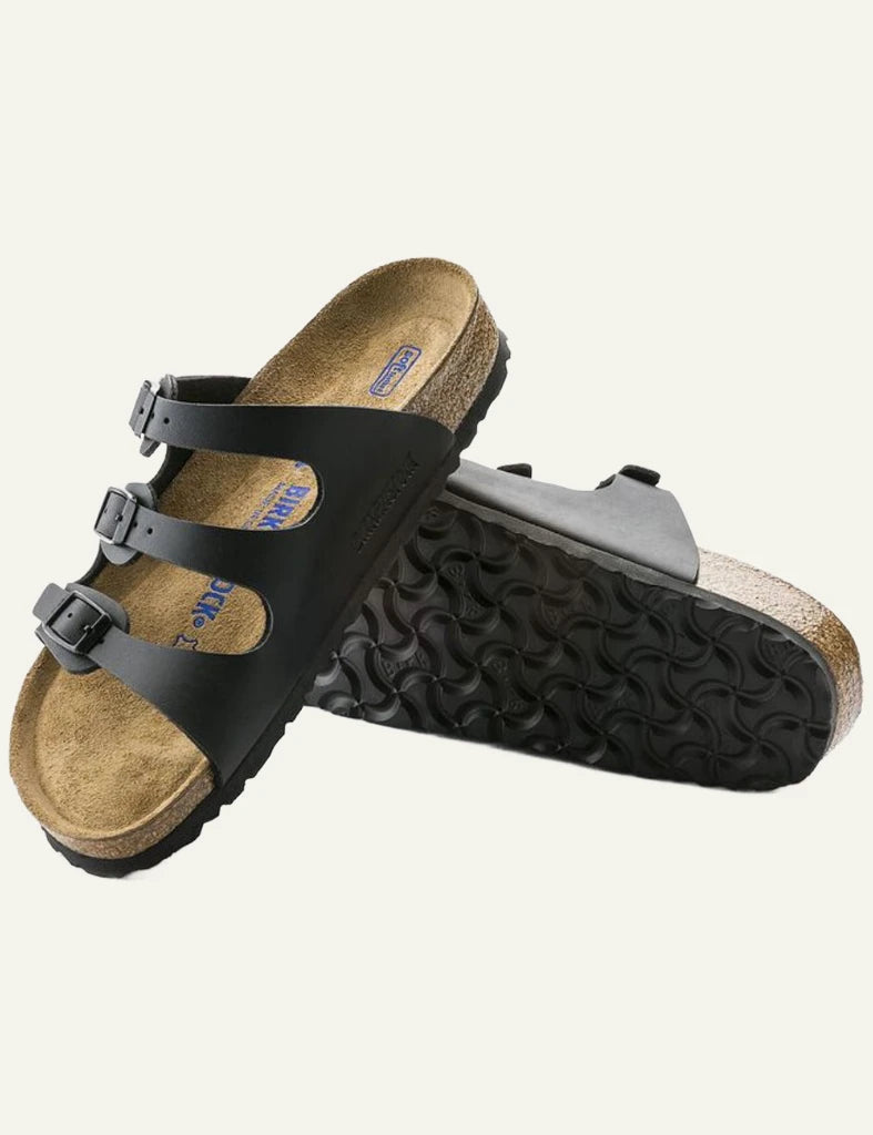 Birkenstock Florida SFB black triple strap sandal side sole view