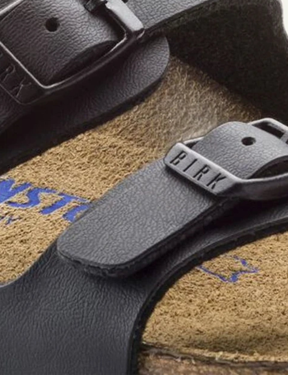 Birkenstock Florida SFB black triple strap sandal side detail view