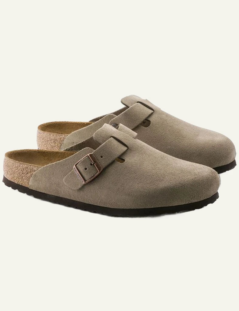 Birkenstock Boston SFB taupe suede clog profile view
